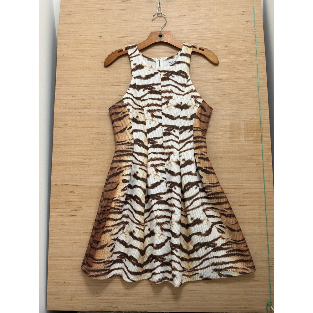 Oscar-St Tiger Stripe Animal Print Fit and Flare Skater Dress Orange Brown L